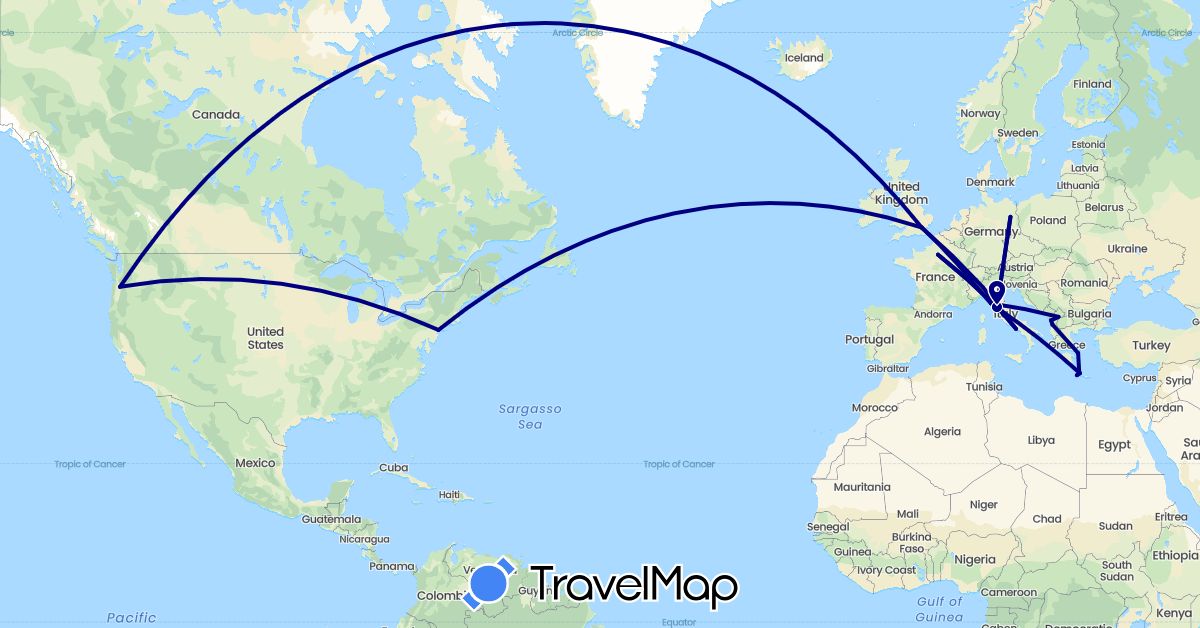 TravelMap itinerary: driving in Albania, Germany, France, United Kingdom, Greece, Italy, United States, Kosovo (Europe, North America)